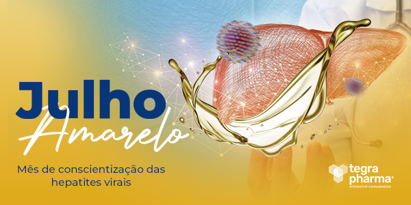 Campanha Julho Amarelo com ilustração do fígado, vírus e elementos gráficos científicos, destacando o mês de conscientização das hepatites virais.